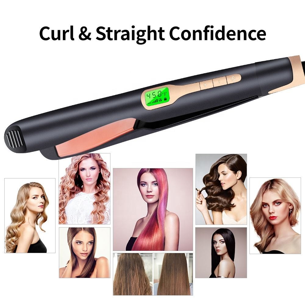 Ceramic Tourmaline Twisted Plates LCD Display Adjustable Temp 2 in 1 Hair Straightener and Curler for Straight Curly Beach Wave Hair Styling